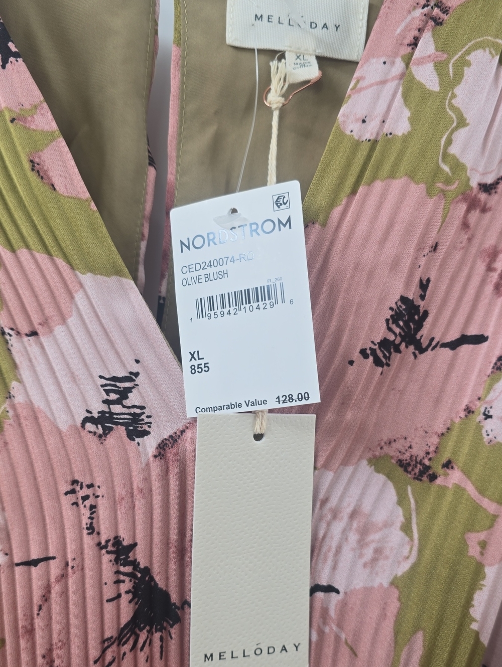 MELLODAY Pink Floral Pleated High-Low Midi Dress with Olive Accents - Picture 8 of 10